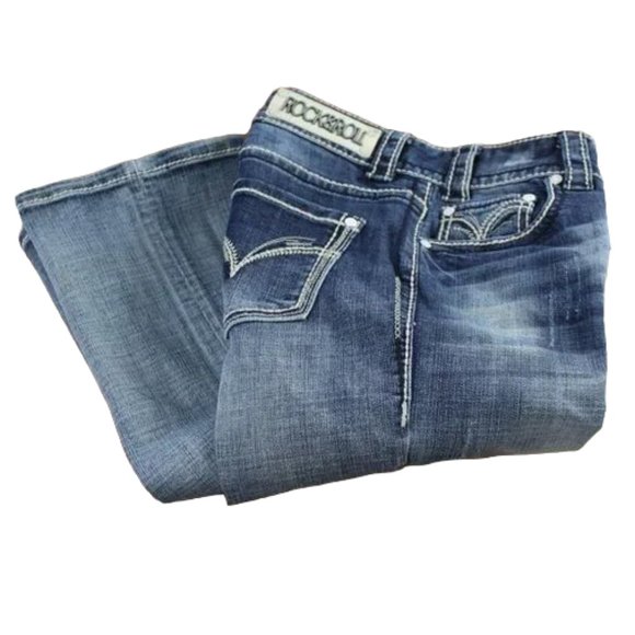 Rock & Roll Cowgirl Blue Fade Distressed Boyfriend Boot Jean 27/31 - Picture 5 of 9